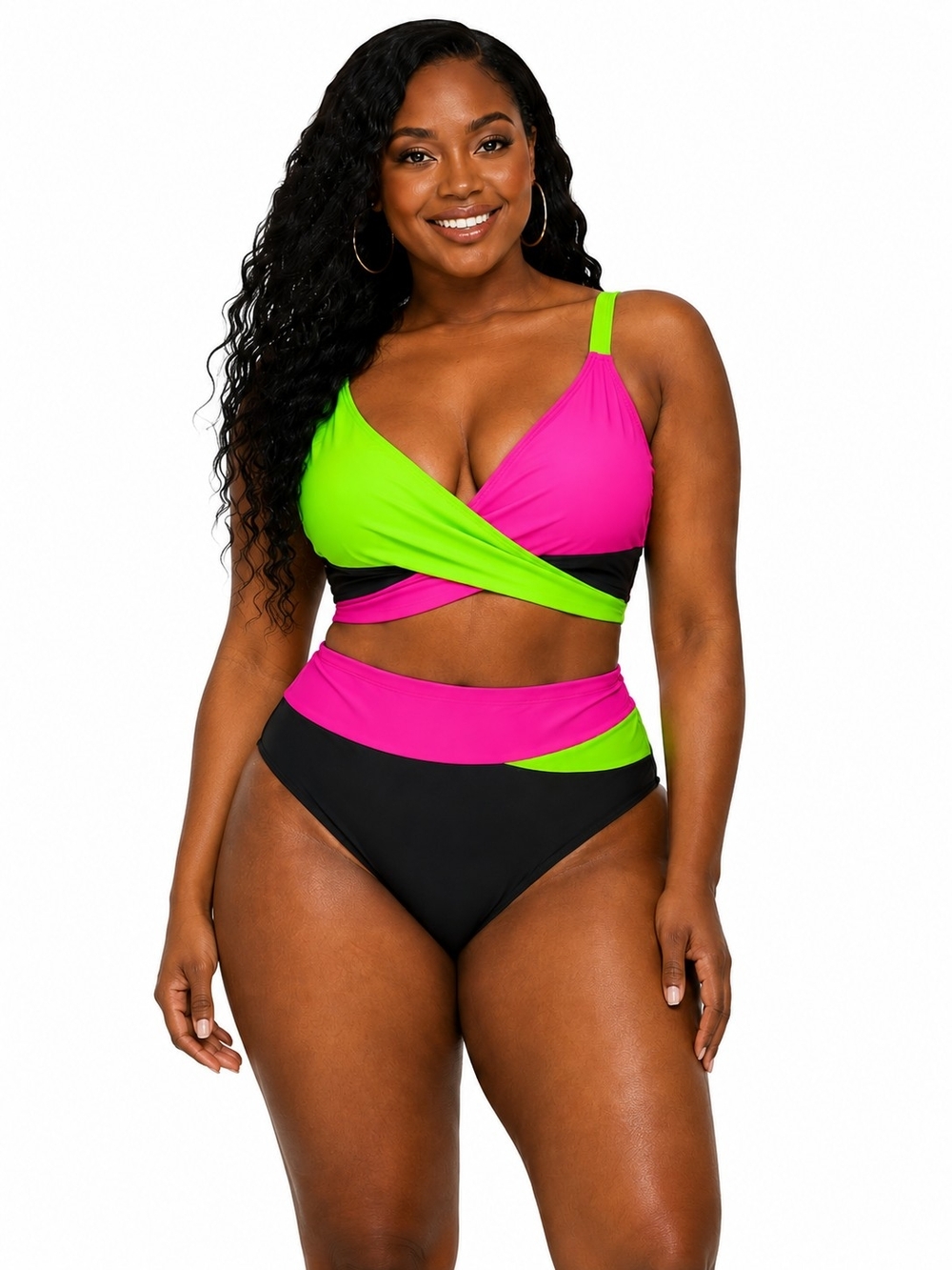 TEMPT ME Plus Size Colorblock Wrap Bikini Set - Hot Pink & Lime - SIZE 22W- NWT